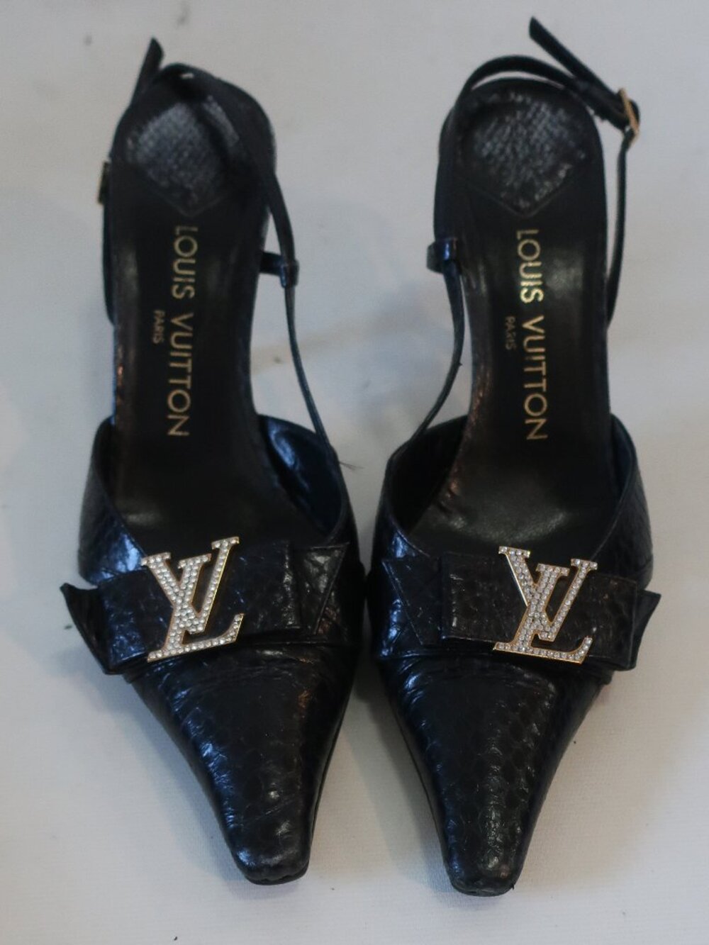 Women Louis Vuitton Black Embossed Snakeskin Crystal Logo Heels 37 1/2 EU/US 7.5